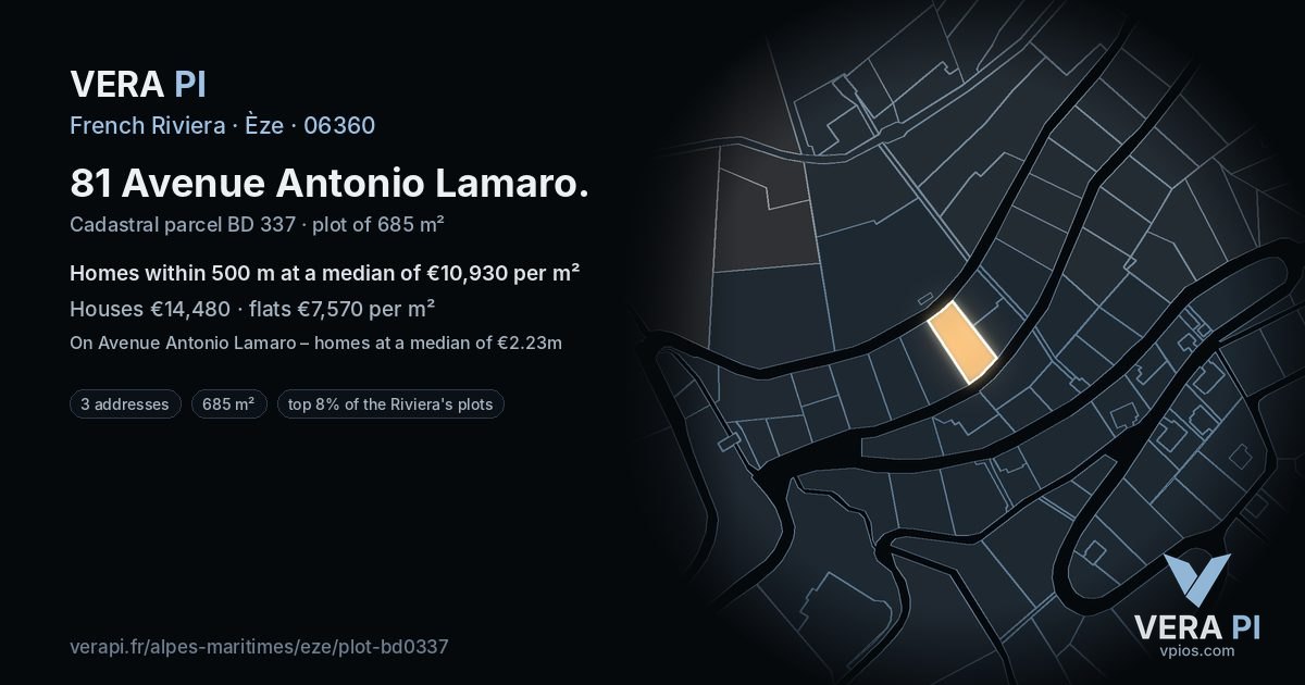 81 Avenue Antonio Lamaro, Èze at night – the plot lit, the parcels around coloured by the prices near them