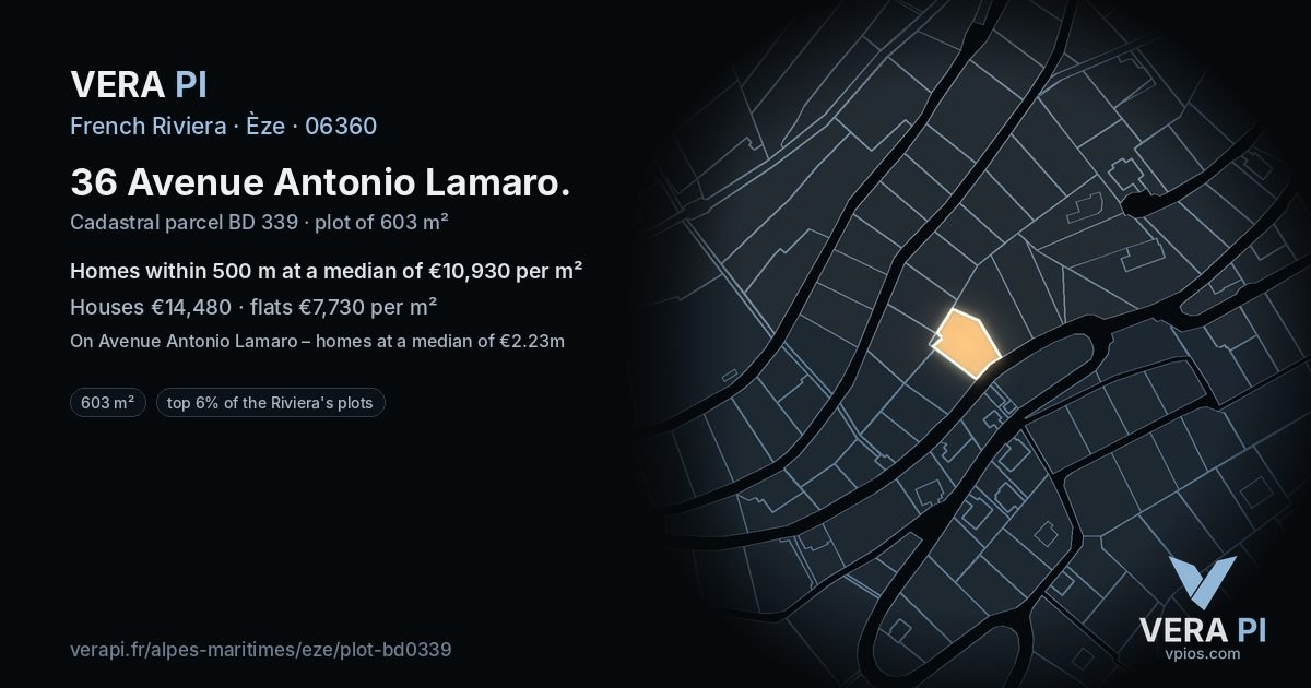 36 Avenue Antonio Lamaro, Èze at night – the plot lit, the parcels around coloured by the prices near them