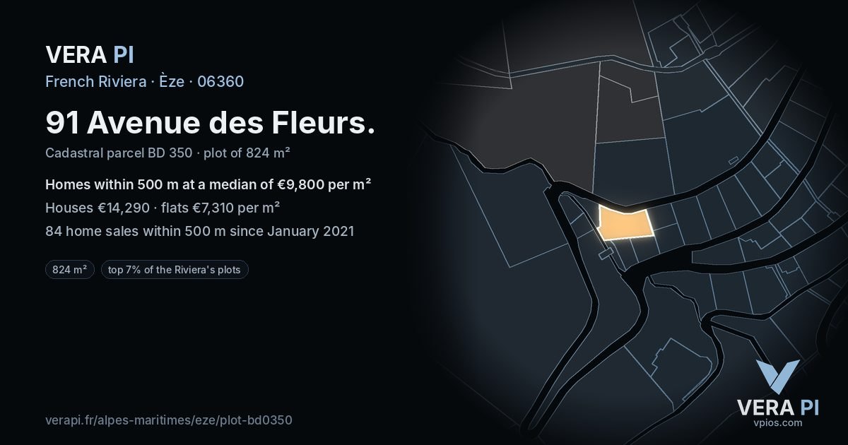 91 Avenue des Fleurs, Èze at night – the plot lit, the parcels around coloured by the prices near them