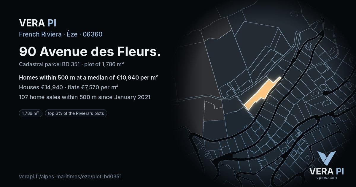 90 Avenue des Fleurs, Èze at night – the plot lit, the parcels around coloured by the prices near them