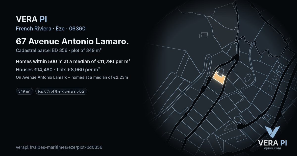 67 Avenue Antonio Lamaro, Èze at night – the plot lit, the parcels around coloured by the prices near them