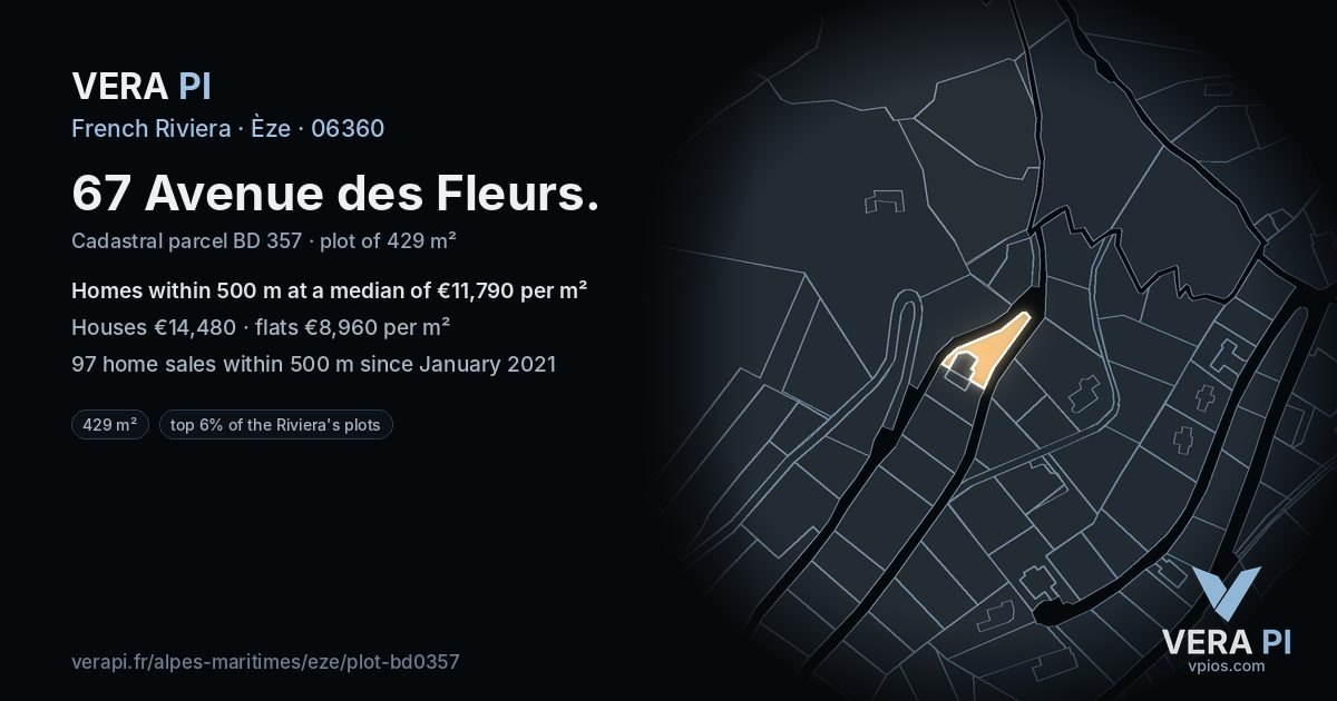 67 Avenue des Fleurs, Èze at night – the plot lit, the parcels around coloured by the prices near them