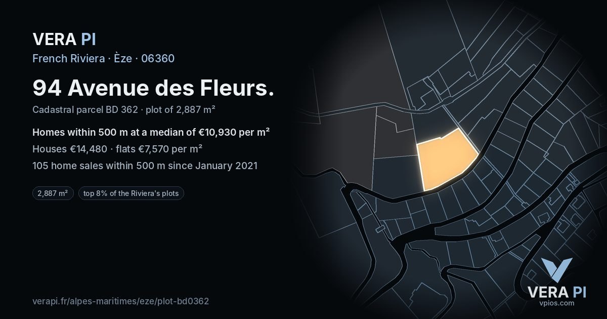 94 Avenue des Fleurs, Èze at night – the plot lit, the parcels around coloured by the prices near them