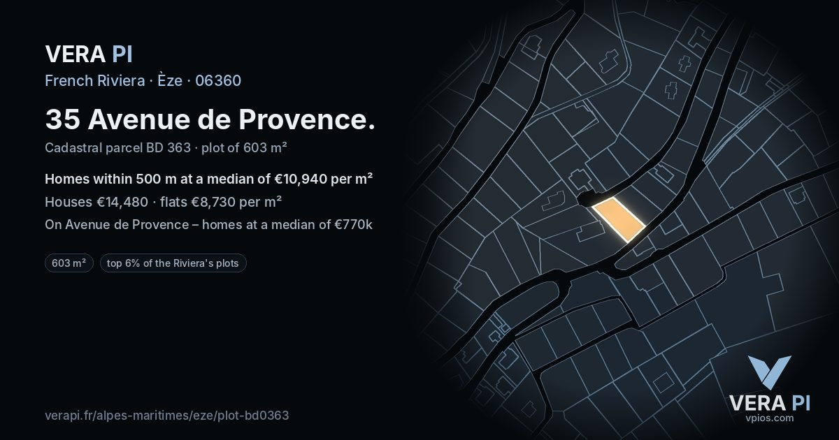 35 Avenue de Provence, Èze at night – the plot lit, the parcels around coloured by the prices near them