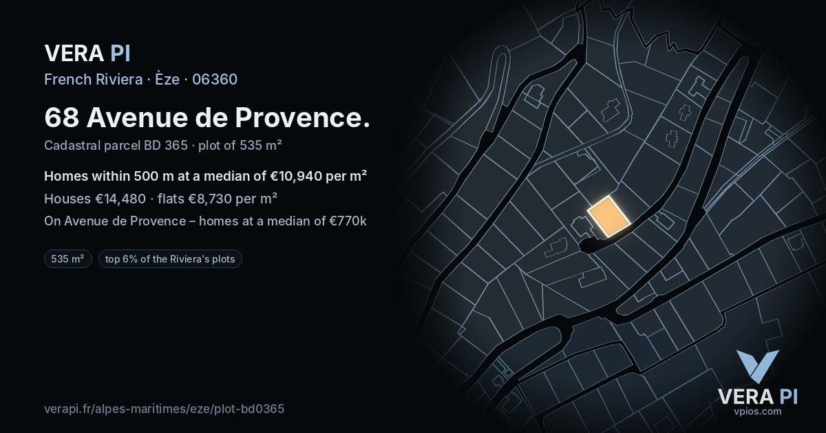 68 Avenue de Provence, Èze at night – the plot lit, the parcels around coloured by the prices near them