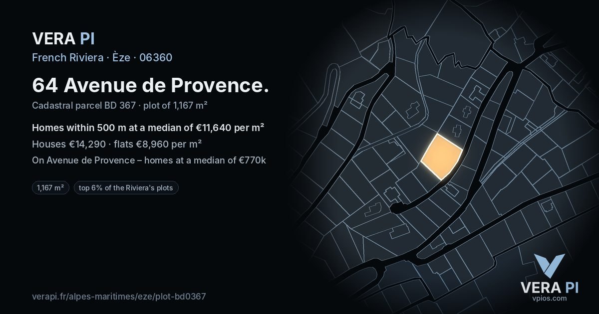 64 Avenue de Provence, Èze at night – the plot lit, the parcels around coloured by the prices near them