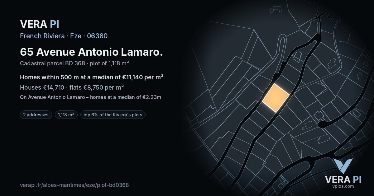 65 Avenue Antonio Lamaro, Èze at night – the plot lit, the parcels around coloured by the prices near them