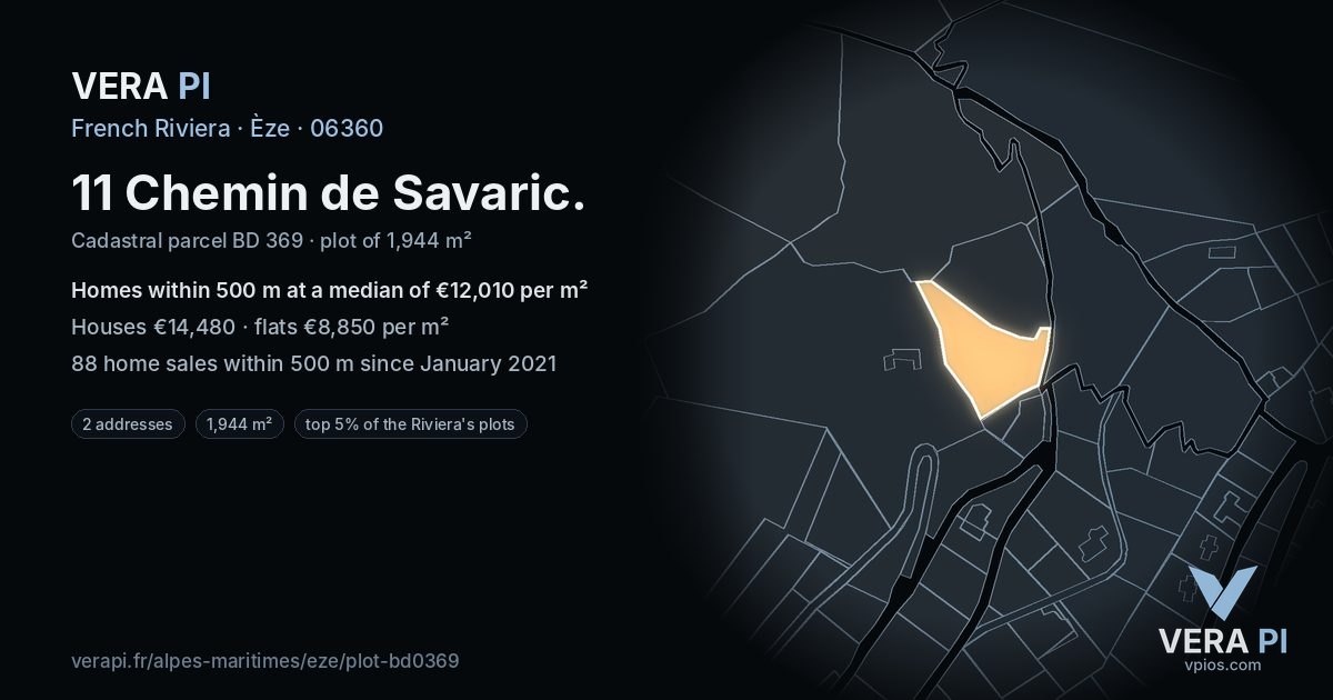 11 Chemin de Savaric, Èze at night – the plot lit, the parcels around coloured by the prices near them