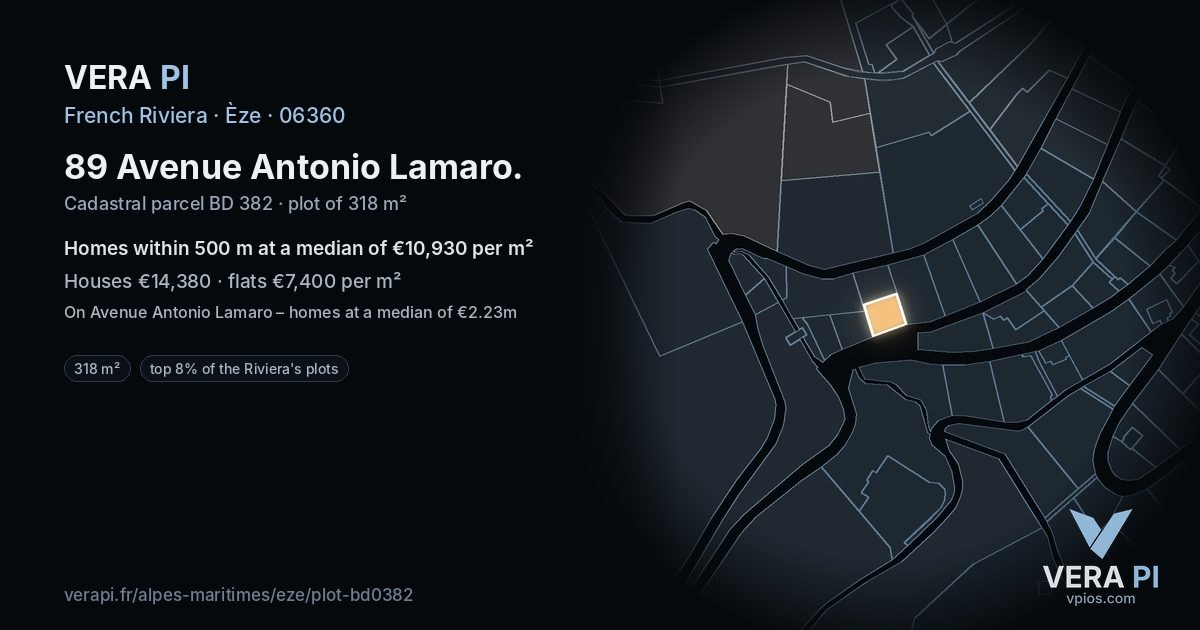 89 Avenue Antonio Lamaro, Èze at night – the plot lit, the parcels around coloured by the prices near them