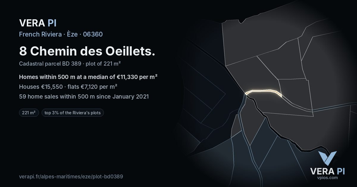 8 Chemin des Oeillets, Èze at night – the plot lit, the parcels around coloured by the prices near them