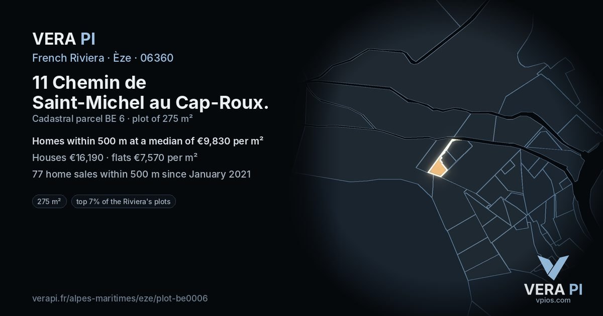 11 Chemin de Saint-Michel au Cap-Roux, Èze at night – the plot lit, the parcels around coloured by the prices near them