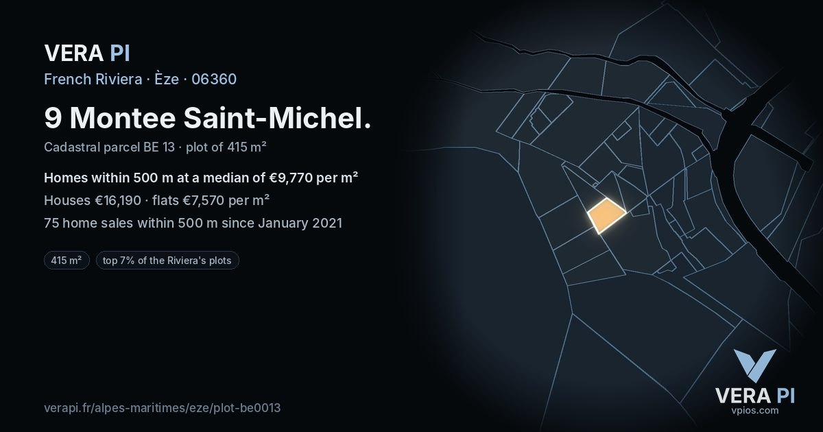 9 Montee Saint-Michel, Èze at night – the plot lit, the parcels around coloured by the prices near them