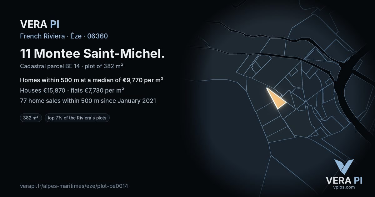 11 Montee Saint-Michel, Èze at night – the plot lit, the parcels around coloured by the prices near them