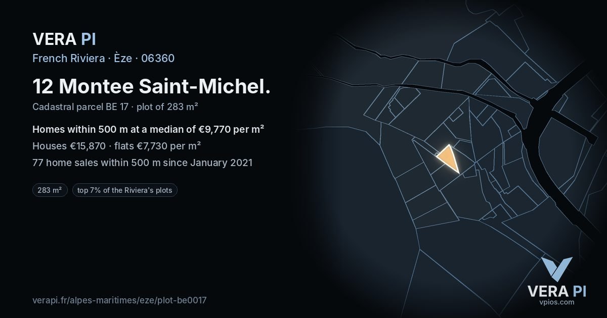 12 Montee Saint-Michel, Èze at night – the plot lit, the parcels around coloured by the prices near them