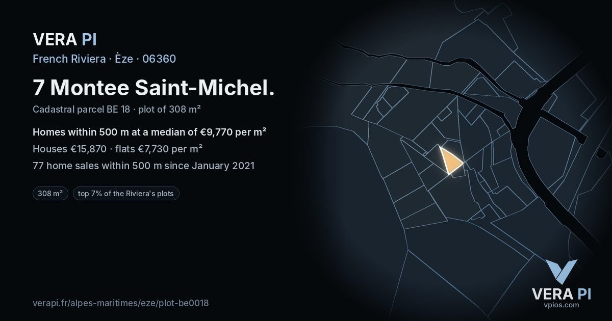 7 Montee Saint-Michel, Èze at night – the plot lit, the parcels around coloured by the prices near them