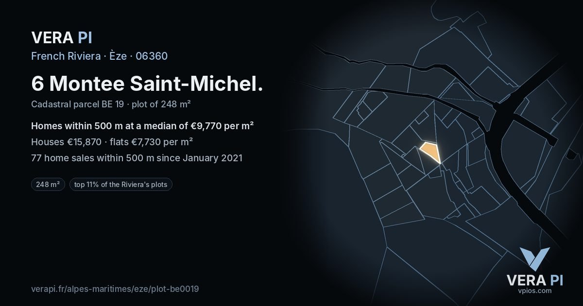 6 Montee Saint-Michel, Èze at night – the plot lit, the parcels around coloured by the prices near them