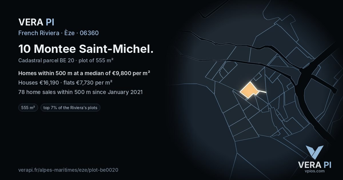 10 Montee Saint-Michel, Èze at night – the plot lit, the parcels around coloured by the prices near them