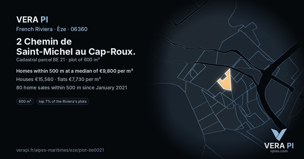 2 Chemin de Saint-Michel au Cap-Roux, Èze at night – the plot lit, the parcels around coloured by the prices near them