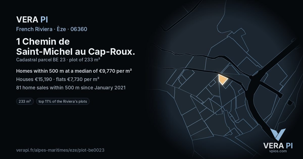1 Chemin de Saint-Michel au Cap-Roux, Èze at night – the plot lit, the parcels around coloured by the prices near them
