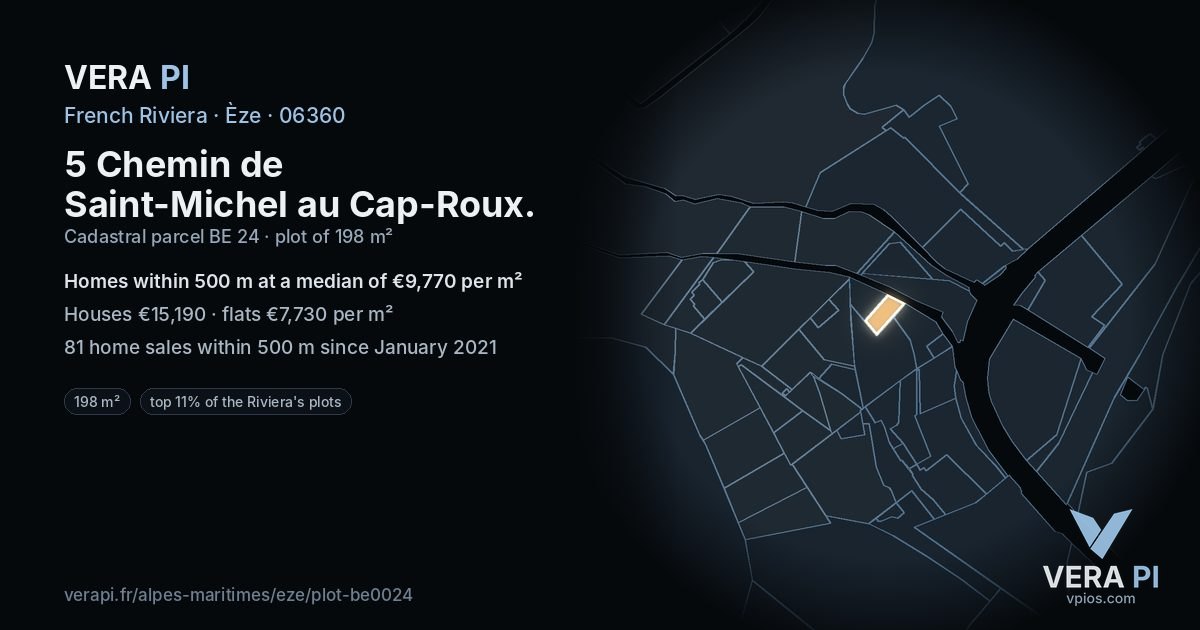 5 Chemin de Saint-Michel au Cap-Roux, Èze at night – the plot lit, the parcels around coloured by the prices near them