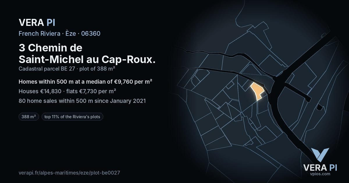 3 Chemin de Saint-Michel au Cap-Roux, Èze at night – the plot lit, the parcels around coloured by the prices near them