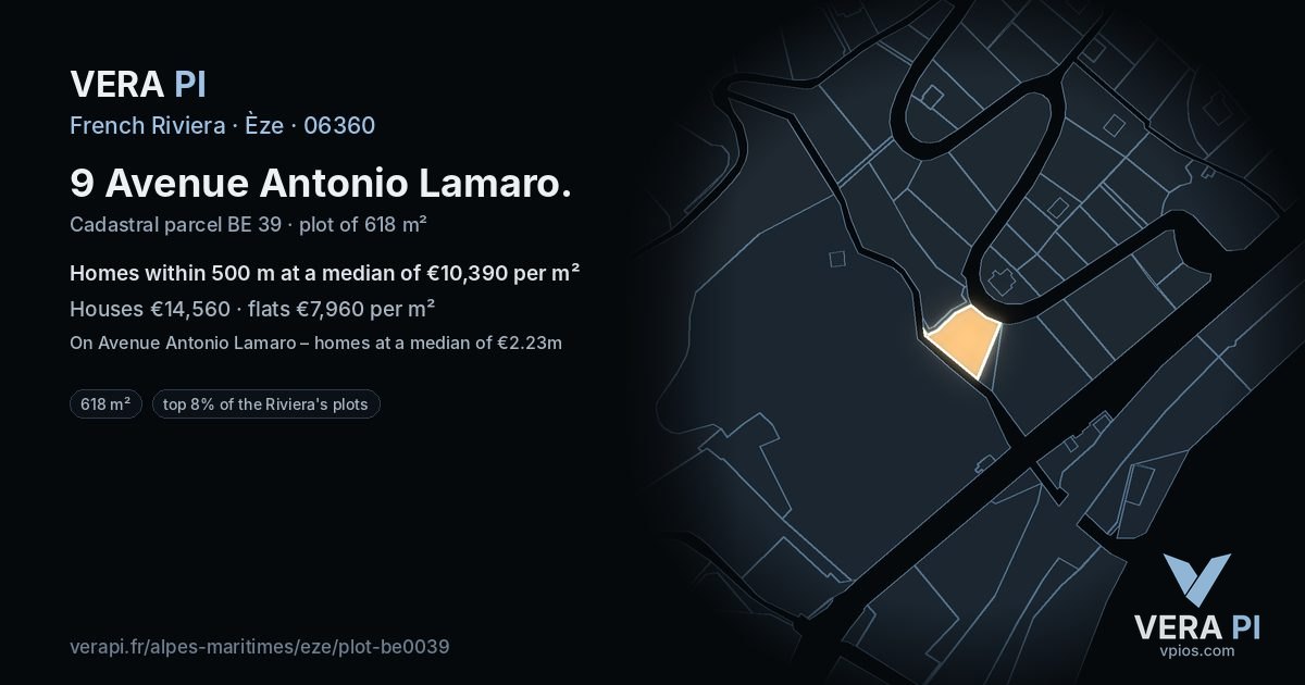 9 Avenue Antonio Lamaro, Èze at night – the plot lit, the parcels around coloured by the prices near them