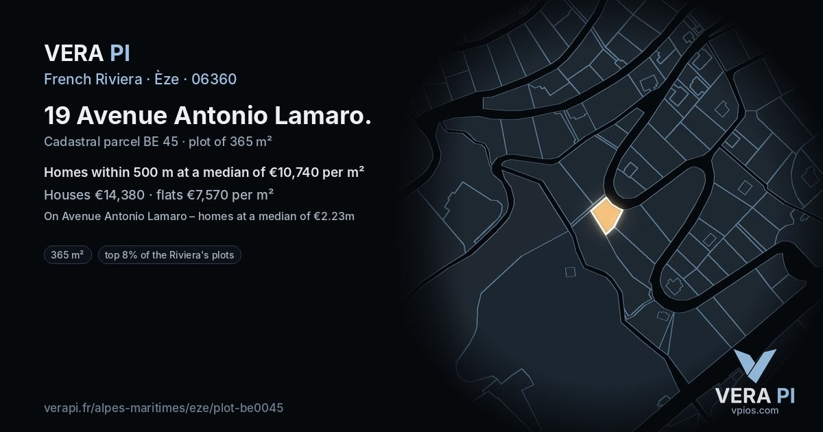 19 Avenue Antonio Lamaro, Èze at night – the plot lit, the parcels around coloured by the prices near them