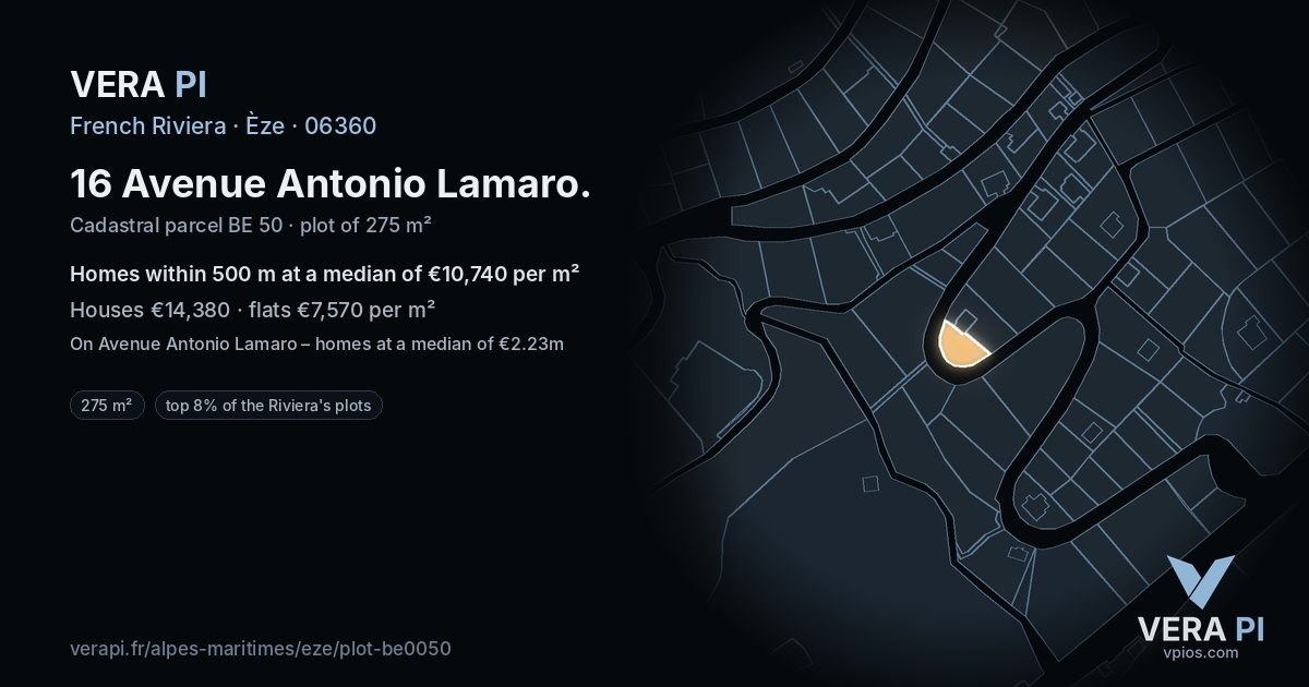 16 Avenue Antonio Lamaro, Èze at night – the plot lit, the parcels around coloured by the prices near them