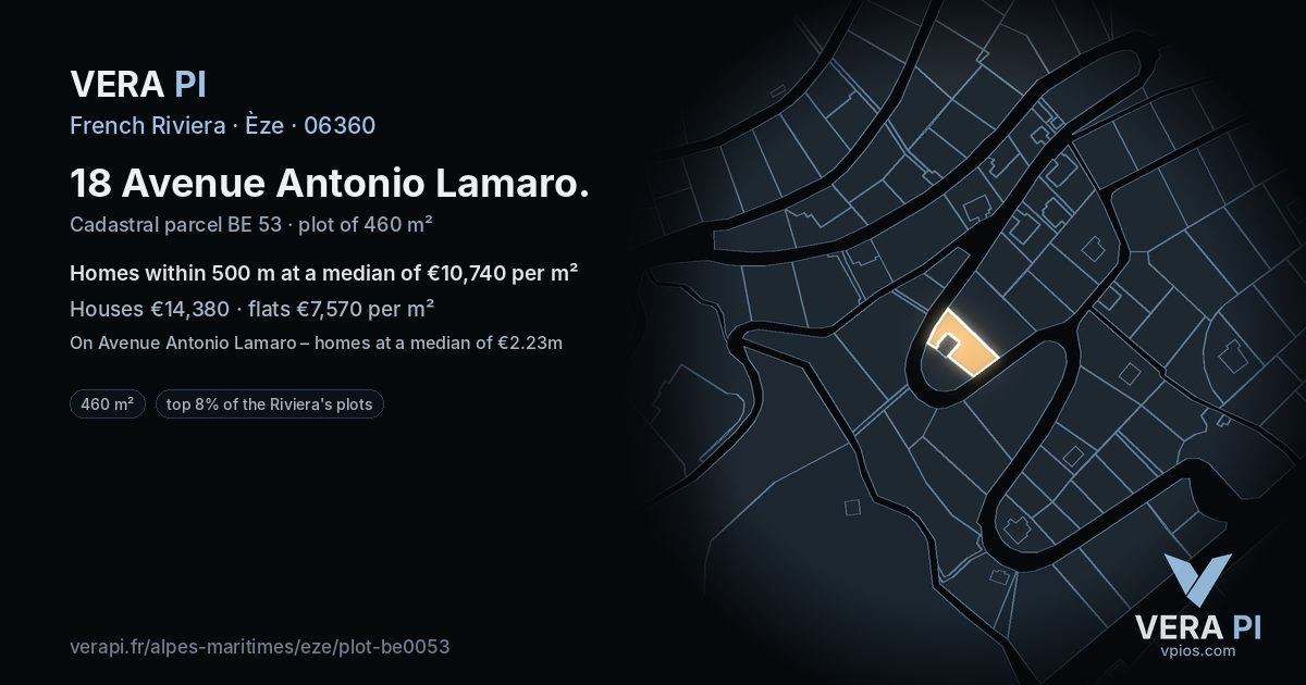 18 Avenue Antonio Lamaro, Èze at night – the plot lit, the parcels around coloured by the prices near them