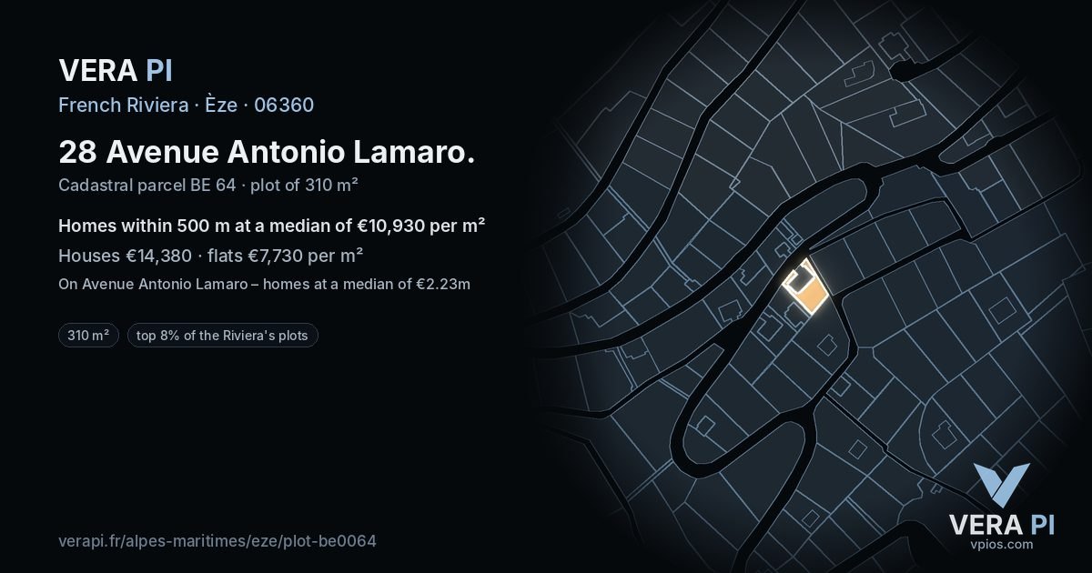 28 Avenue Antonio Lamaro, Èze at night – the plot lit, the parcels around coloured by the prices near them