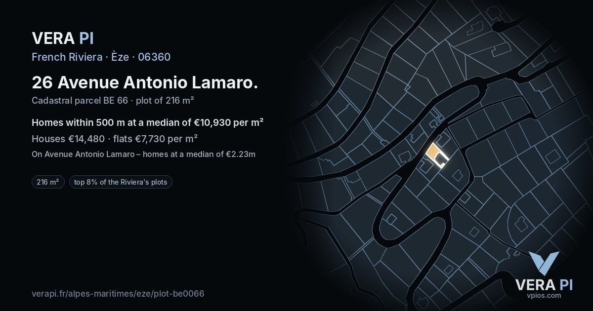 26 Avenue Antonio Lamaro, Èze at night – the plot lit, the parcels around coloured by the prices near them