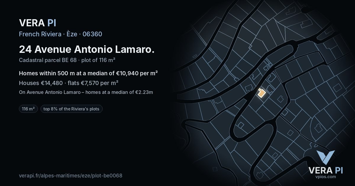 24 Avenue Antonio Lamaro, Èze at night – the plot lit, the parcels around coloured by the prices near them