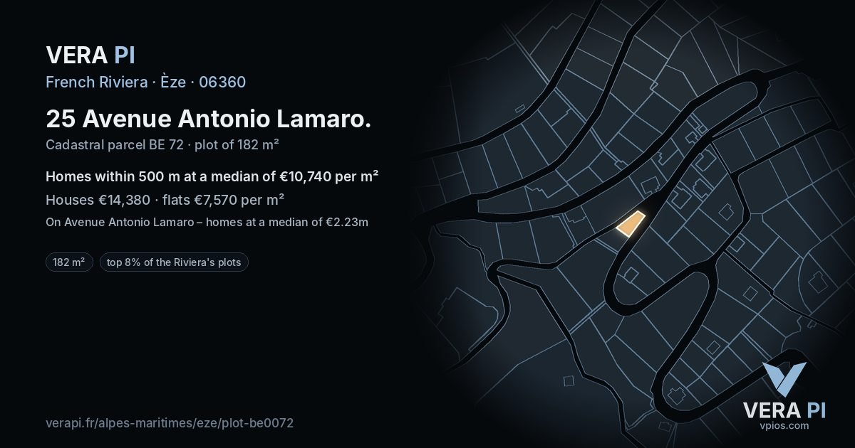 25 Avenue Antonio Lamaro, Èze at night – the plot lit, the parcels around coloured by the prices near them