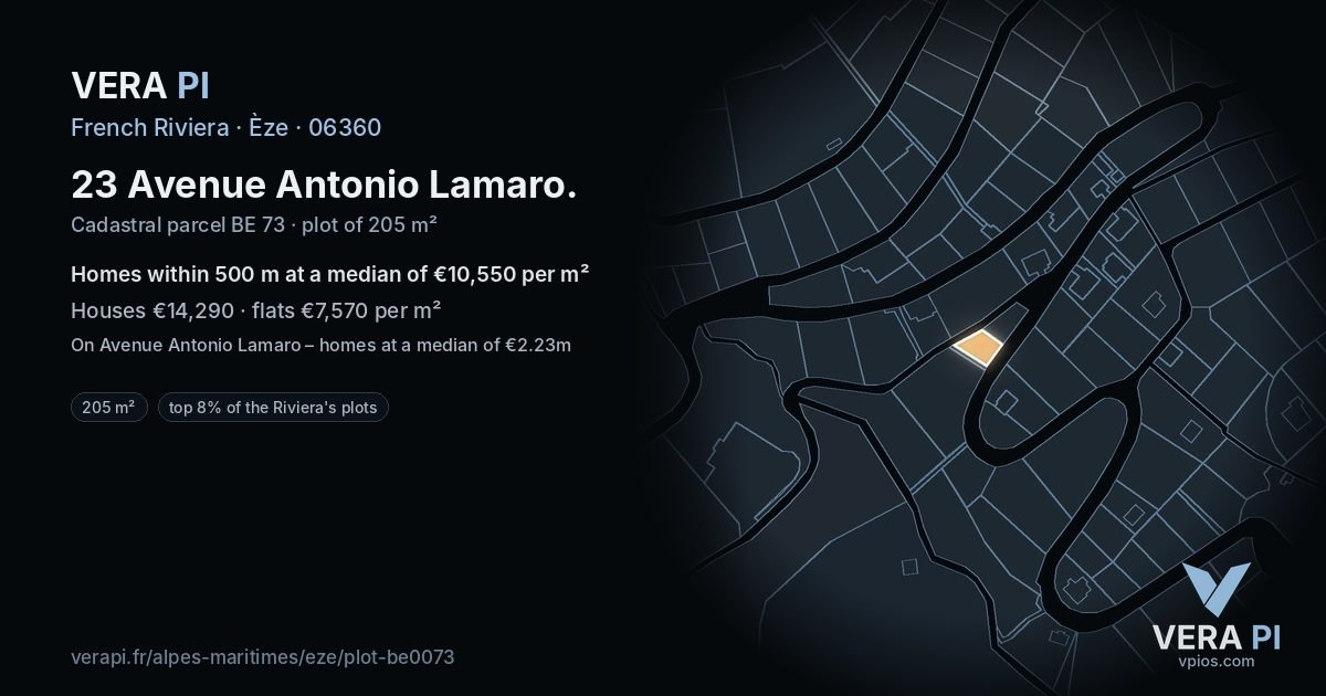 23 Avenue Antonio Lamaro, Èze at night – the plot lit, the parcels around coloured by the prices near them