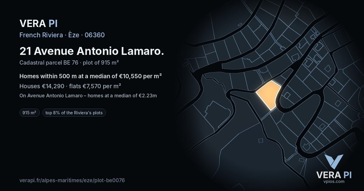 21 Avenue Antonio Lamaro, Èze at night – the plot lit, the parcels around coloured by the prices near them