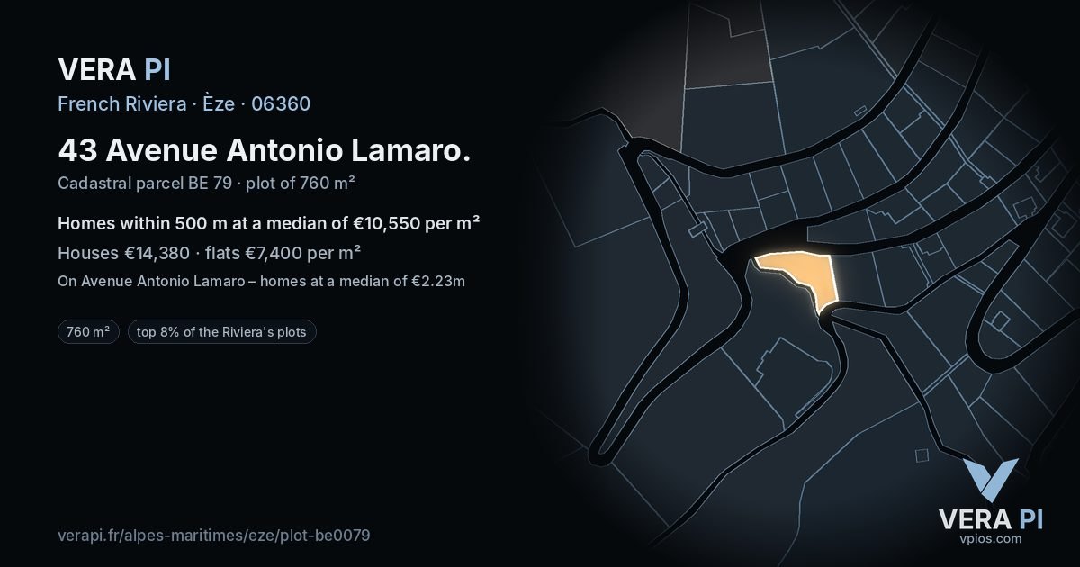 43 Avenue Antonio Lamaro, Èze at night – the plot lit, the parcels around coloured by the prices near them