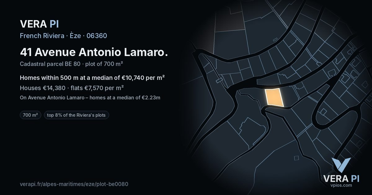41 Avenue Antonio Lamaro, Èze at night – the plot lit, the parcels around coloured by the prices near them