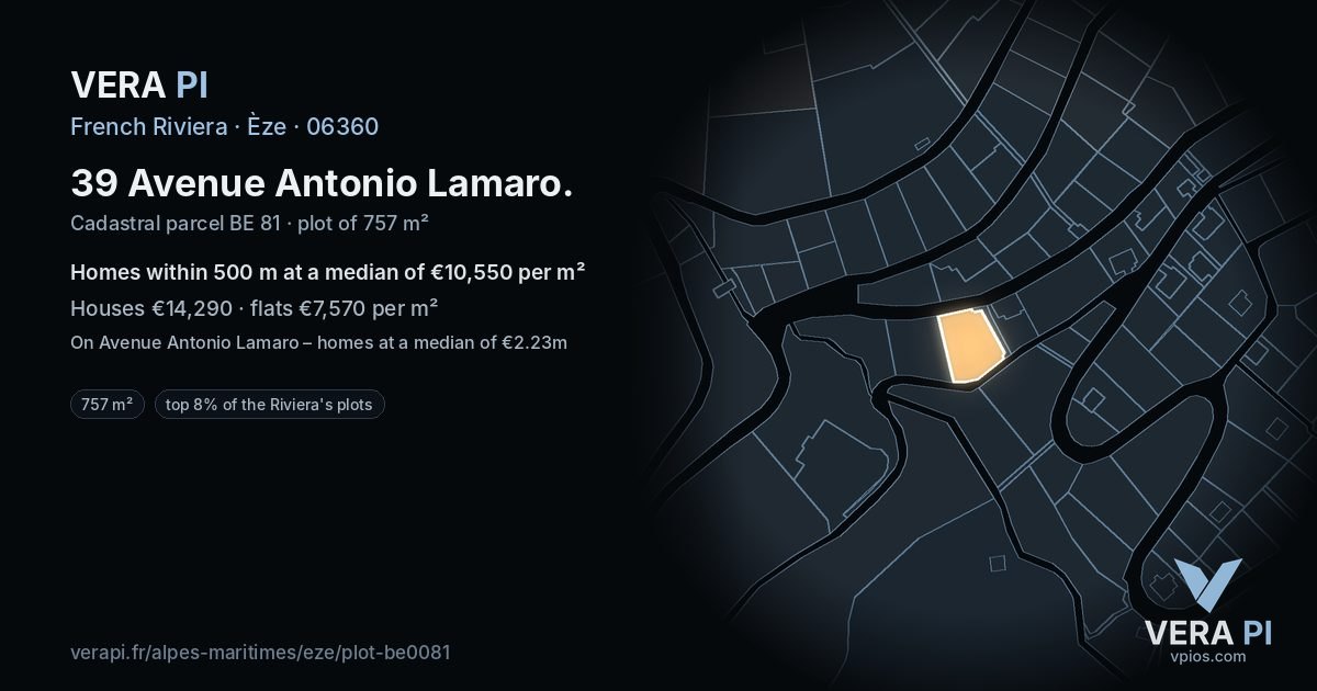 39 Avenue Antonio Lamaro, Èze at night – the plot lit, the parcels around coloured by the prices near them