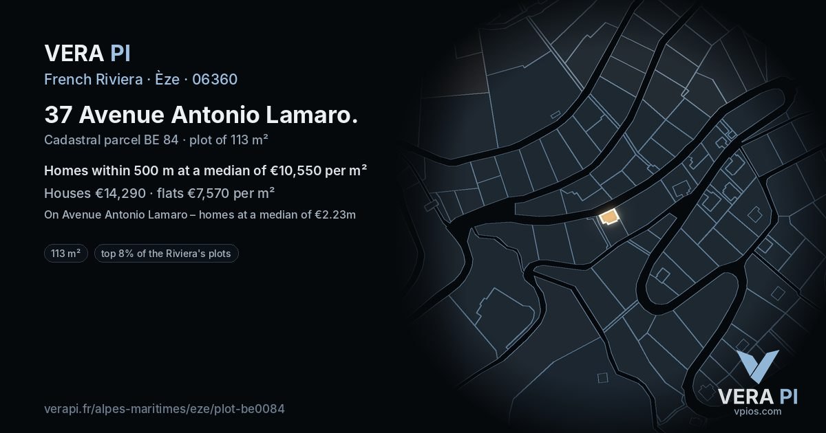 37 Avenue Antonio Lamaro, Èze at night – the plot lit, the parcels around coloured by the prices near them