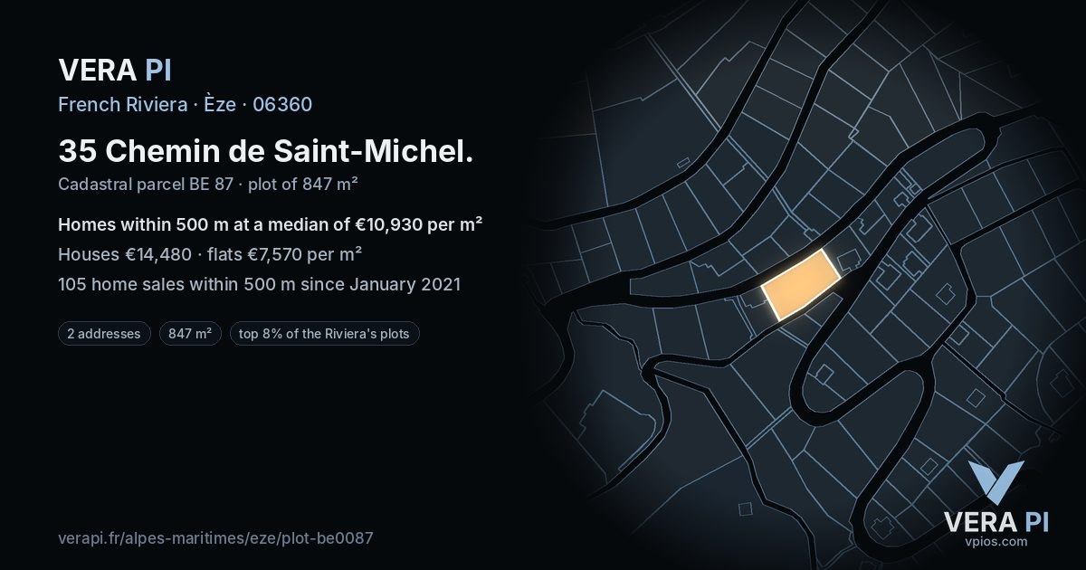 35 Chemin de Saint-Michel, Èze at night – the plot lit, the parcels around coloured by the prices near them