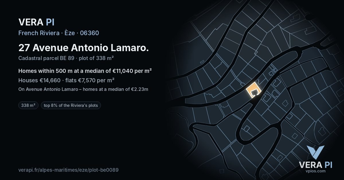 27 Avenue Antonio Lamaro, Èze at night – the plot lit, the parcels around coloured by the prices near them
