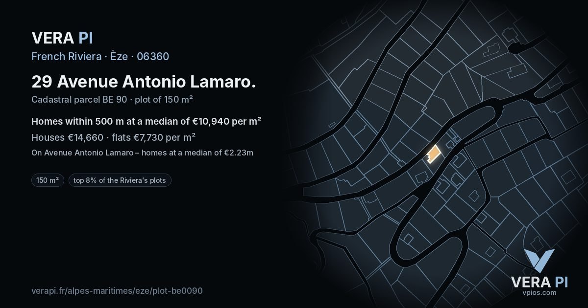 29 Avenue Antonio Lamaro, Èze at night – the plot lit, the parcels around coloured by the prices near them