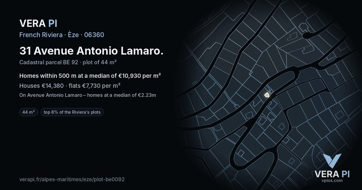 31 Avenue Antonio Lamaro, Èze at night – the plot lit, the parcels around coloured by the prices near them