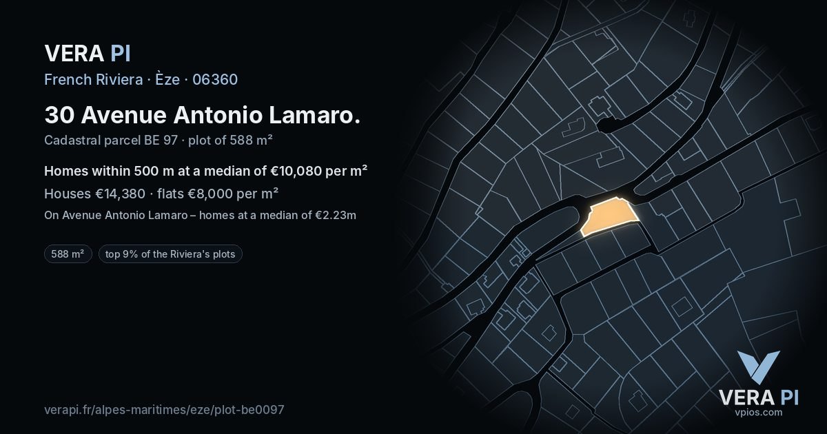 30 Avenue Antonio Lamaro, Èze at night – the plot lit, the parcels around coloured by the prices near them