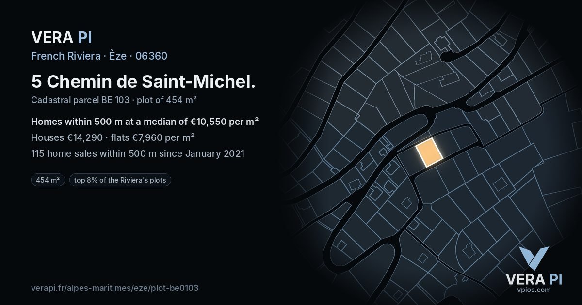 5 Chemin de Saint-Michel, Èze at night – the plot lit, the parcels around coloured by the prices near them
