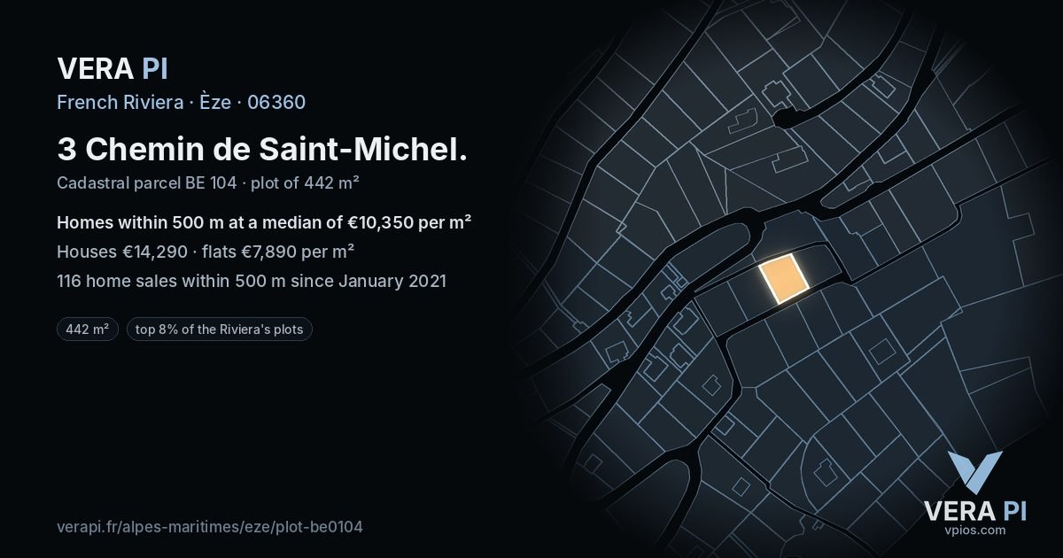 3 Chemin de Saint-Michel, Èze at night – the plot lit, the parcels around coloured by the prices near them