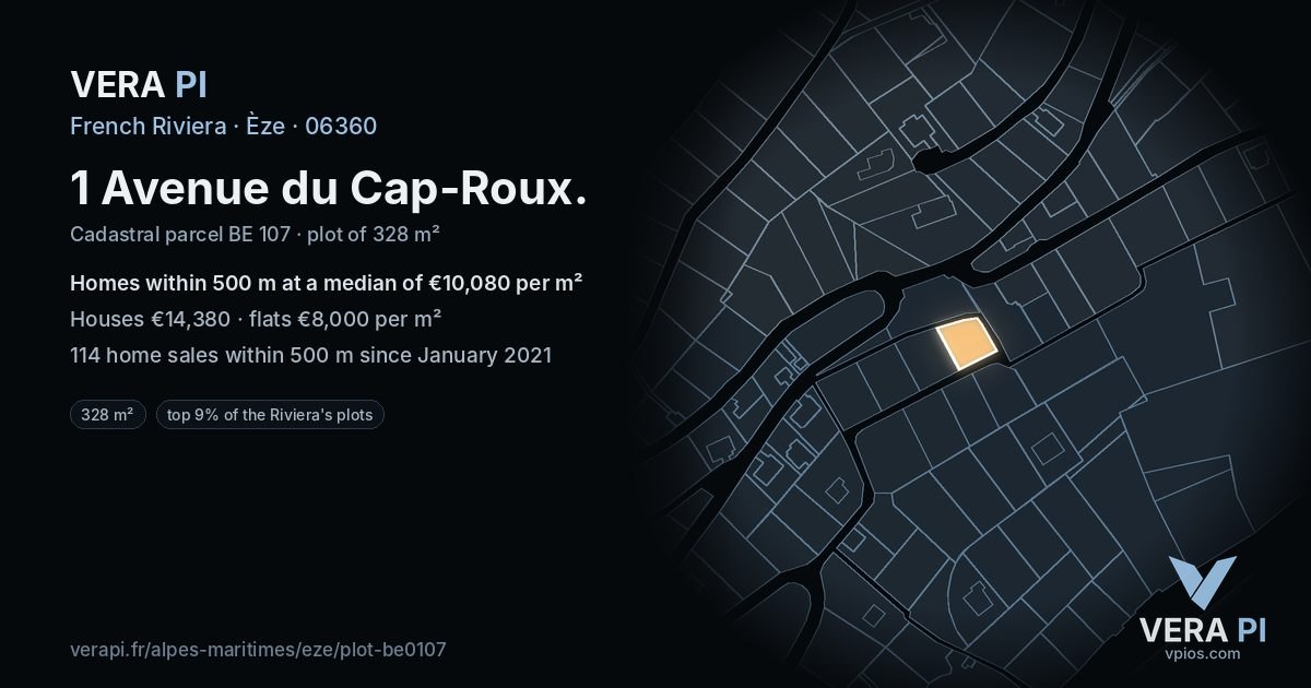 1 Avenue du Cap-Roux, Èze at night – the plot lit, the parcels around coloured by the prices near them