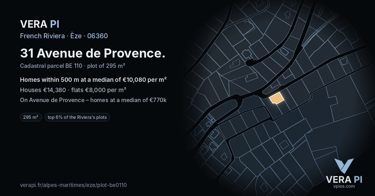 31 Avenue de Provence, Èze at night – the plot lit, the parcels around coloured by the prices near them