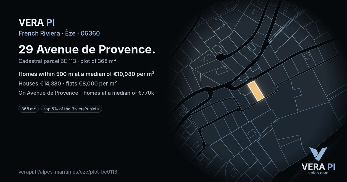 29 Avenue de Provence, Èze at night – the plot lit, the parcels around coloured by the prices near them
