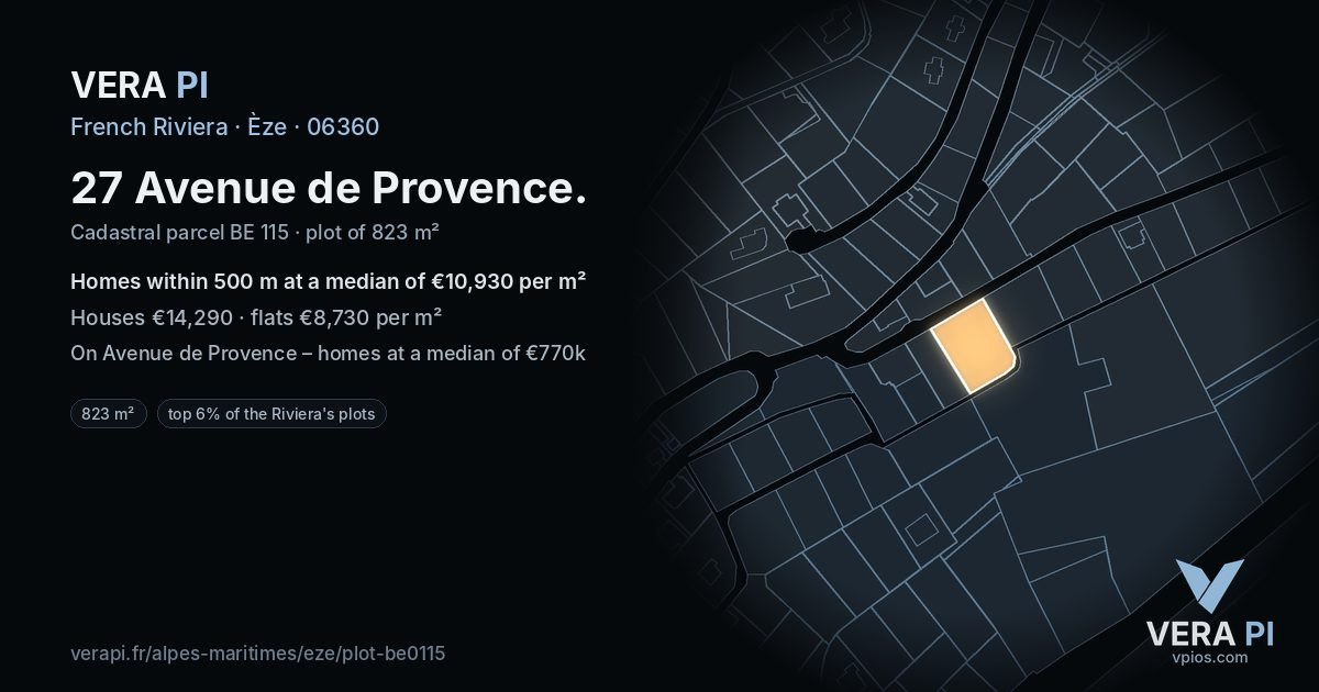 27 Avenue de Provence, Èze at night – the plot lit, the parcels around coloured by the prices near them